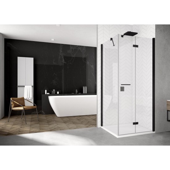 Cabina de dus Solino Black 90x90cm, cu usa pliabila 180 grade, din 2 piese, Sanswiss