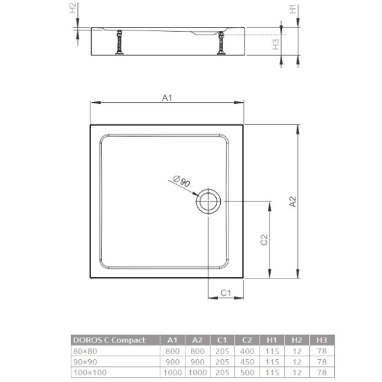 Cadita dus patrata DOROS C Compact 90 x 90 cm RADAWAY