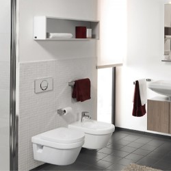 Villeroy-Boch, Arhitectura, set vas WC suspendat, rotund, cu capac soft close, quick release alb alpin