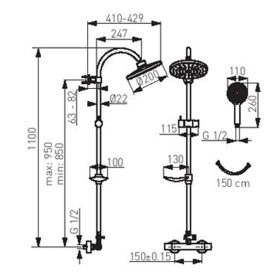 Set dus cu cap dus fix si mobil, crom, Trinity
