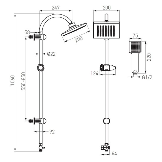 Set de dus cu dus fix si dus mobil culisant, patrat, crom, Squerto