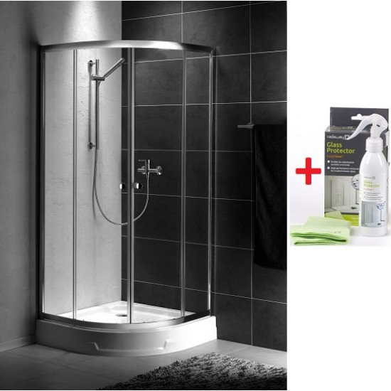 Set cabina de dus semirotunda PREMIUM A 90 x 90 cm cu cadita, sifon si Glass Protector