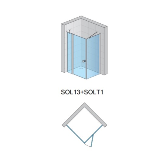 Cabina de dus patrata SOLINO 90 x 90 cm SOL13+SOLT1 cu usa pivotanta dintr-o bucata+parte fixa si perete lateral fix SANSWISS