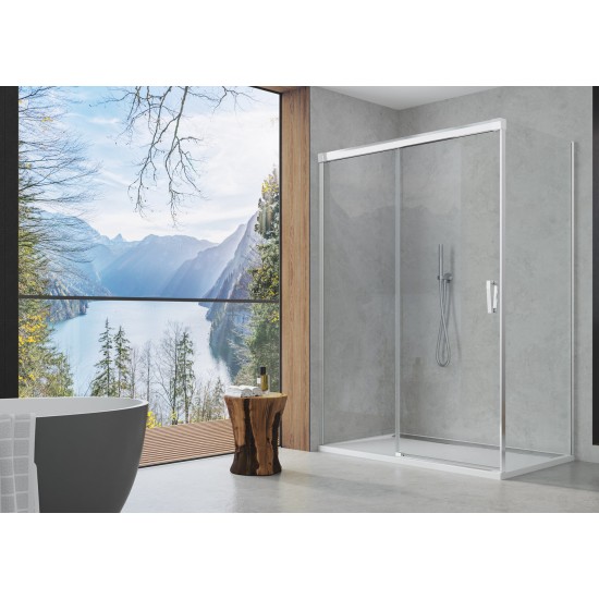 Cabina de dus dreptunghiulara CADURA 140 x 90 cm cu usa culisanta cu inchidere soft close si perete lateral fix SANSWISS