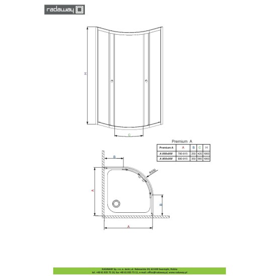 Set cabina de dus semirotunda PREMIUM A 90 x 90 cm cu cadita, sifon si Glass Protector