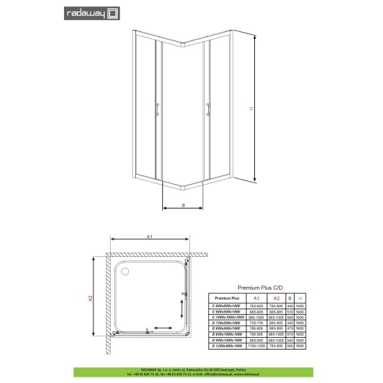 Set cabina de dus patrata PREMIUM C 90 x 90 cm cu cadita si sifon RADAWAY