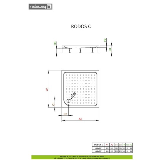 Set cabina de dus patrata CLASSIC C 90 x 90 cm cu cadita si sifon RADAWAY